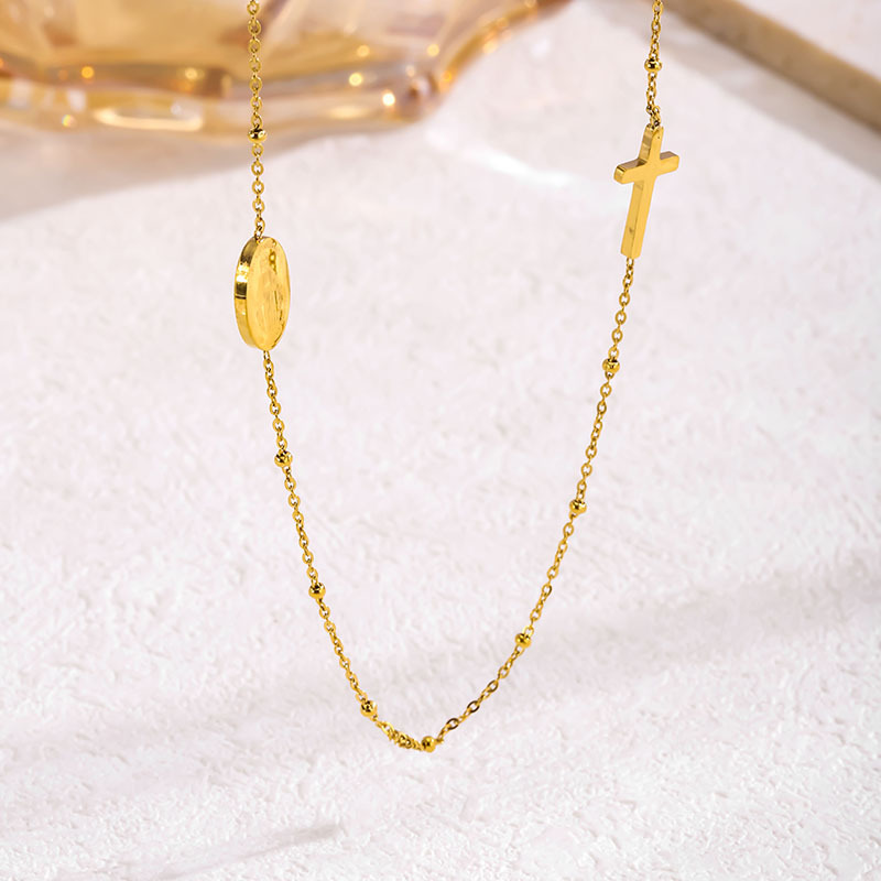 French Fashion Coin INS Wind Cross Oval Pendant Clavicle Chain Necklace Titanium Steel Plated 18K Gold Accessories
