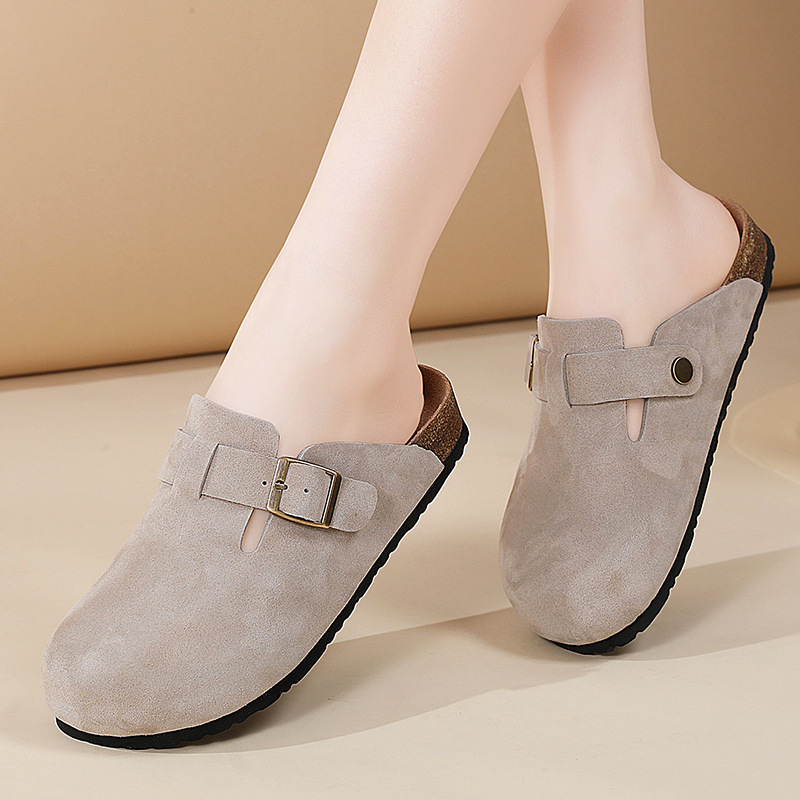 Leather Versatile Birkenstock-Style Shoes for Women 2025 New Spring Soft-Soled Cork Closed-Toe Half-Slippers Retro Casual Sandals for Women