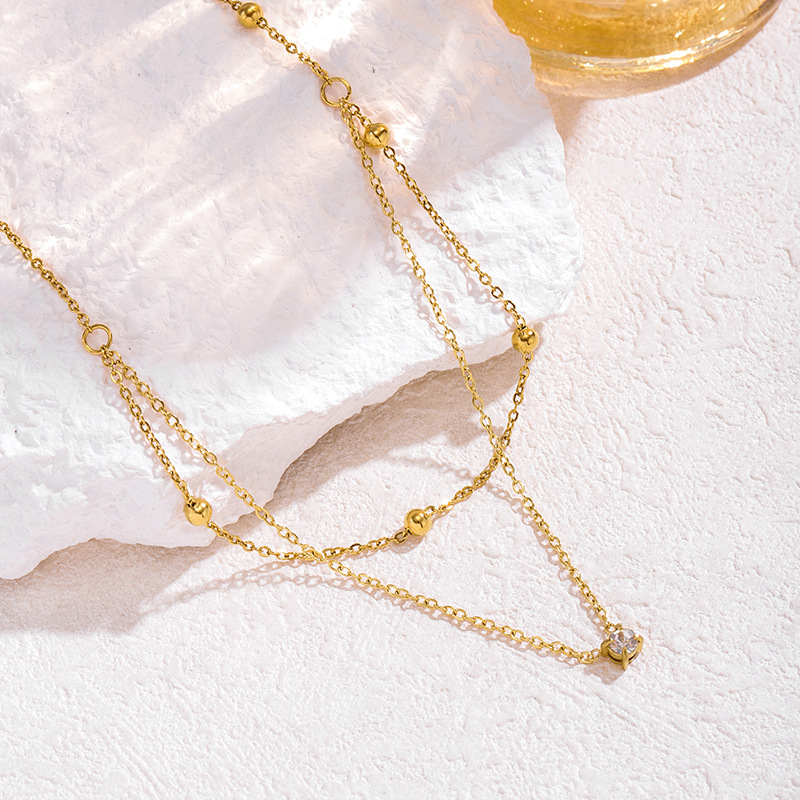 Elegant Entry Luxury Niche High-end Sense Stacked Wearing Gold Bead Clavicle Chain Necklace Exquisite Semi-double Layer Single Diamond Titanium Steel Necklace for Women