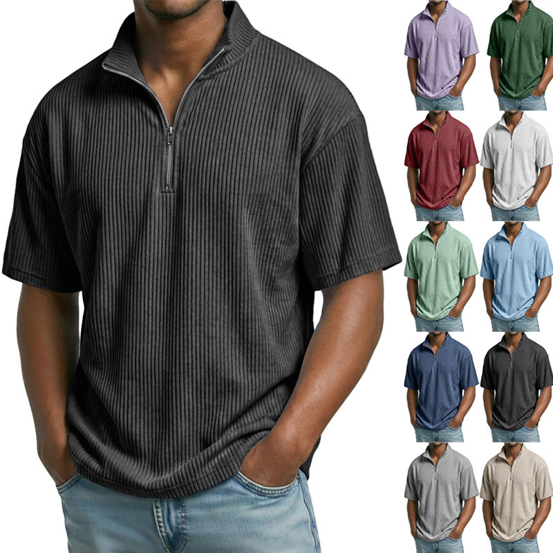 European and American Amazon Independent Site Cross-Border Men's Summer Casual Solid Color Corduroy Polo Short-Sleeved Shirt Top