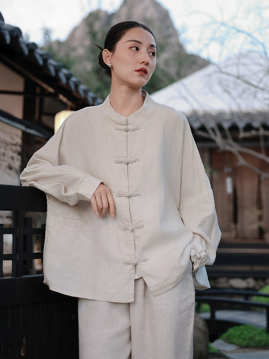 New Chinese Style Women's 2025 Spring New Sand Washed Linen Jacket Women's Chinese Style Button Retro Cotton and Linen Top for Women