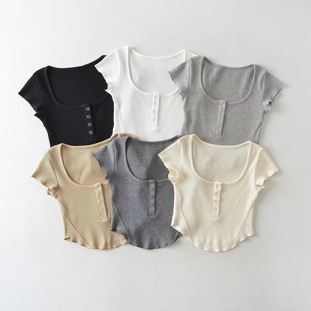 European and American Temperament Square Collar Front Hidden Buckle Waffle Ear Base Shirt Elastic Slim Curved Bottom Short Sleeve T-shirt