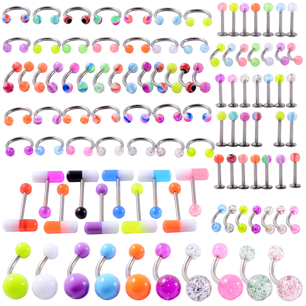 Cross-Border Luminous Acrylic Tongue Piercing Nail Set Round Fantasy Crack Ball Navel Ring Horseshoe Ring Nose Ring