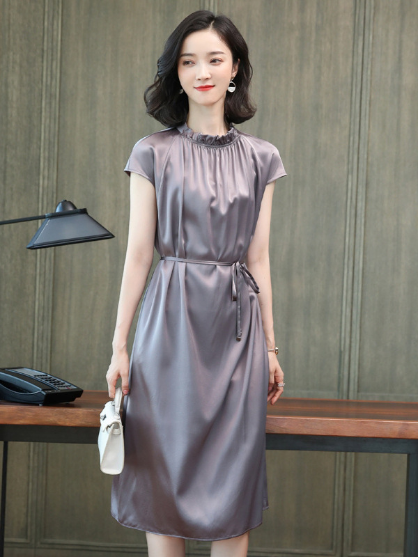 High-End Luxury Silk Dress for Women, 2026 New Summer Short-Sleeve Dress with Ruffled Collar, High-Quality Tie-Waist Mulberry Silk Over-The-Knee Dress