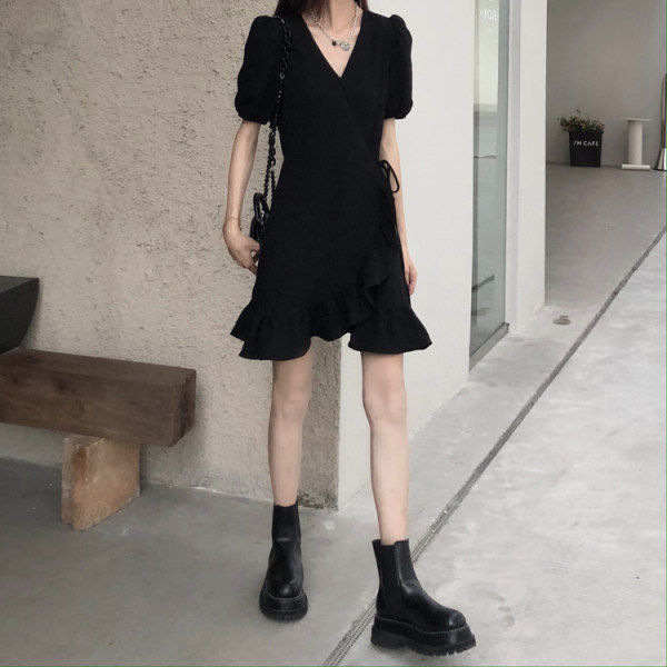 220g Niansi Summer New French Black dress Hepburn Style Elegant Tight Waist Skinny Black Dress