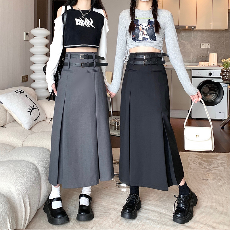 Retro solid color suit skirt autumn high waist slimming A- line skirt student pleated skirt versatile mid-length skirt