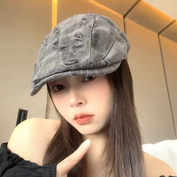 Japanese Retro Distressed Forward Cap for Women, Summer and Autumn Thin Sweet Cool Versatile Face-Slimming Beret Hat Trendy