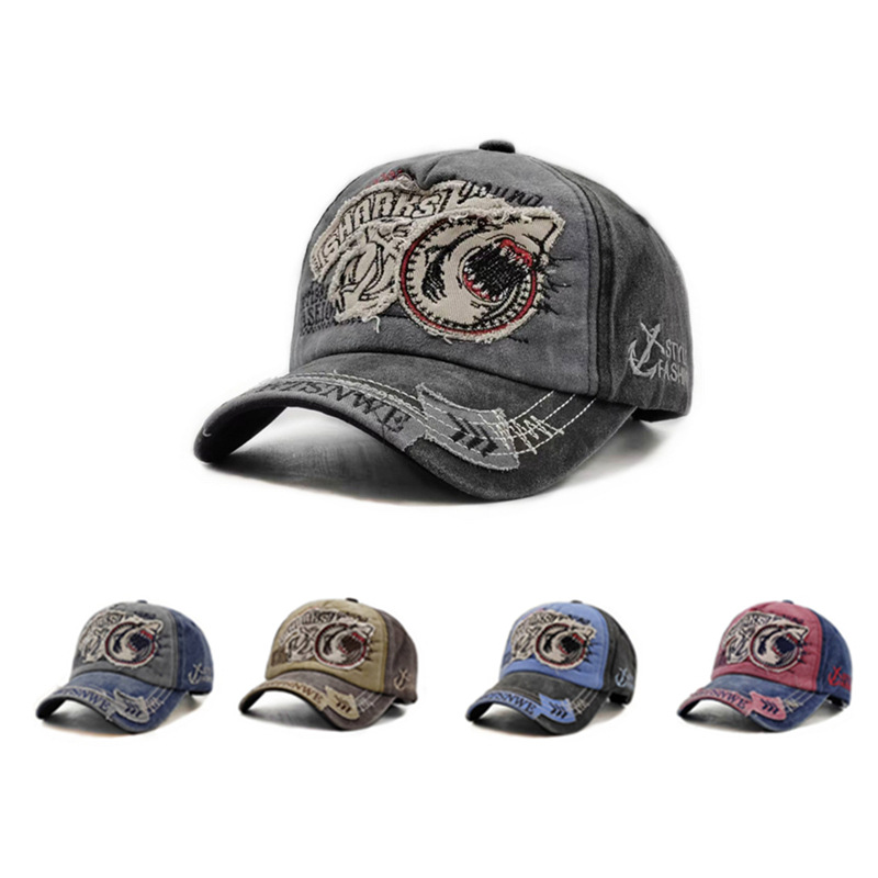 Hat Men's Summer Alphabet Shark Cap Cross Border Washed Vintage Denim Embroidered Baseball Cap Sunshade Sunscreen Cap
