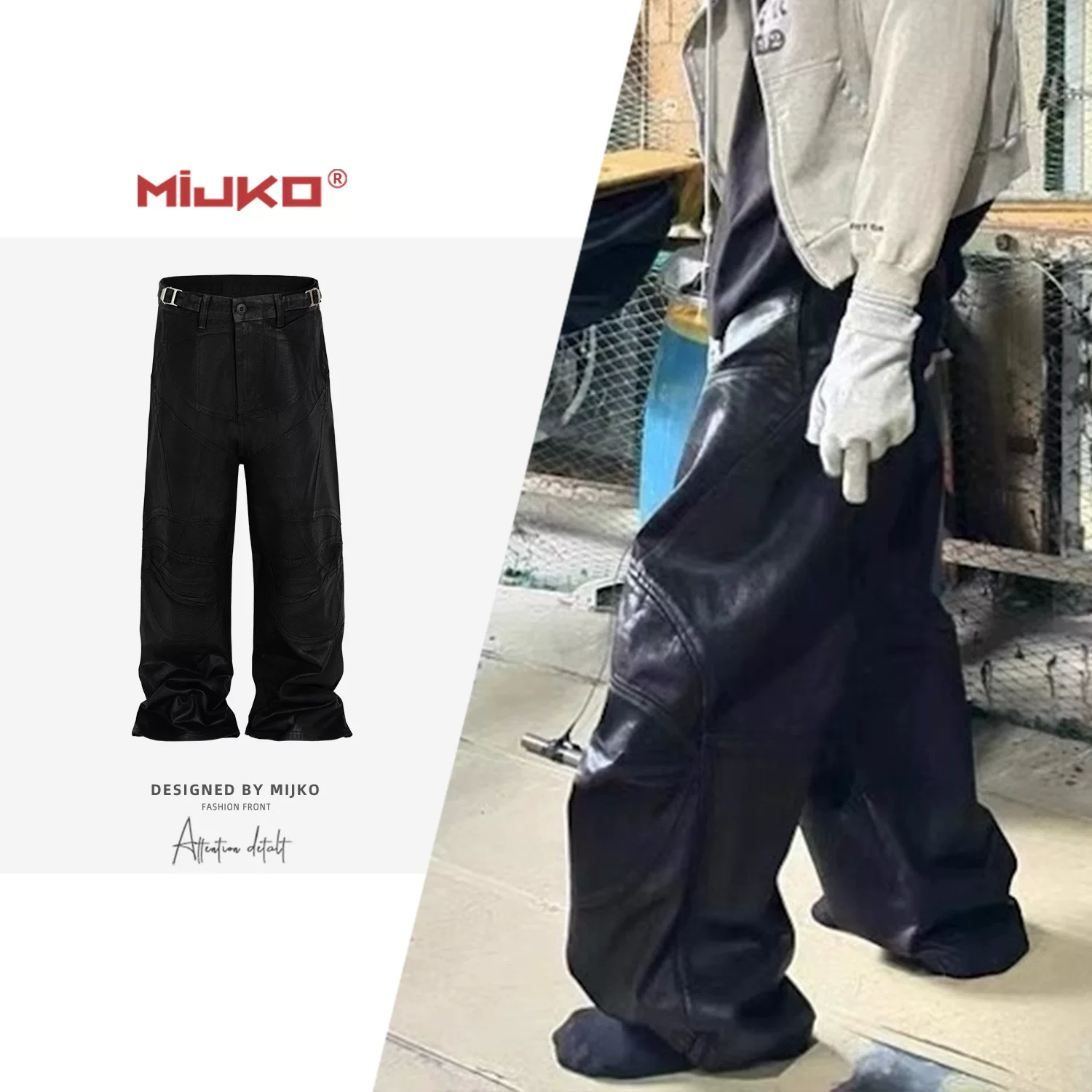American High Street Retro Coated Motorcycle Armor Pleated Trousers for Men and Women, Black Deconstructed Splicing Jeans, Trendy