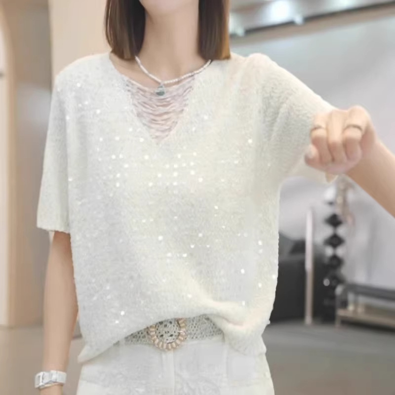 V-Neck Sequined Hollow-Out Short-Sleeve Knit Top for Women, Summer Thin Style, 2026 New Korean Style, Lazy Loose Fit Top
