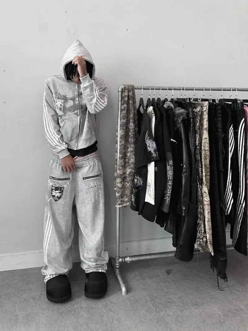European and American Distinctive Street Printed Zipper Hip-Hop Hoodie Loose Retro Trousers Men's and Women's Sweater