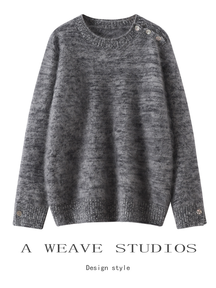 2025 Autumn and Winter New Style 100% Cashmere Round Neck Knit Sweater with Shoulder Buttons, Thickened Gradient Brushed Soft Cashmere Sweater