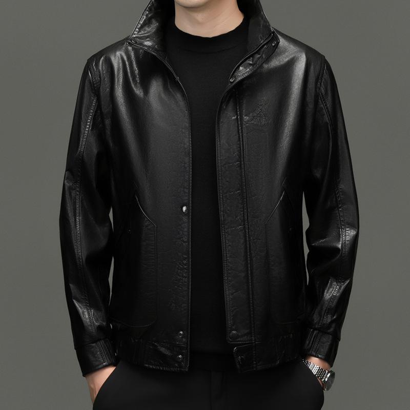Haining Cowhide Leather Jacket Men's Genuine Leather Motorcycle Jacket Lapel Leather Jacket Cow Wax Leather Jacket Trendyy Men's Tops