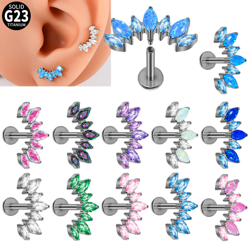 Cross-Border Titanium Alloy Seven Marquise Zircon Lip Nails Titanium Opal Curved Earrings T-Shaped Internal Thread Piercing Ear Bone Nails