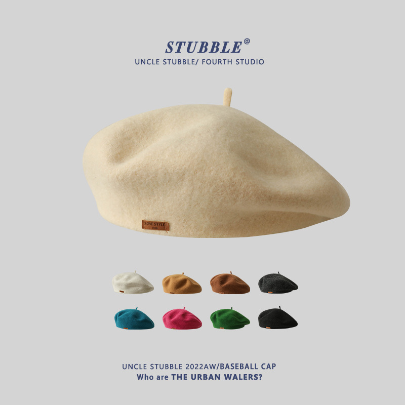 Ishihara Satomi Beret Spanish Purchasing Retro Small Leather Label Wool Painter Hat Girls Popular Beret Hat