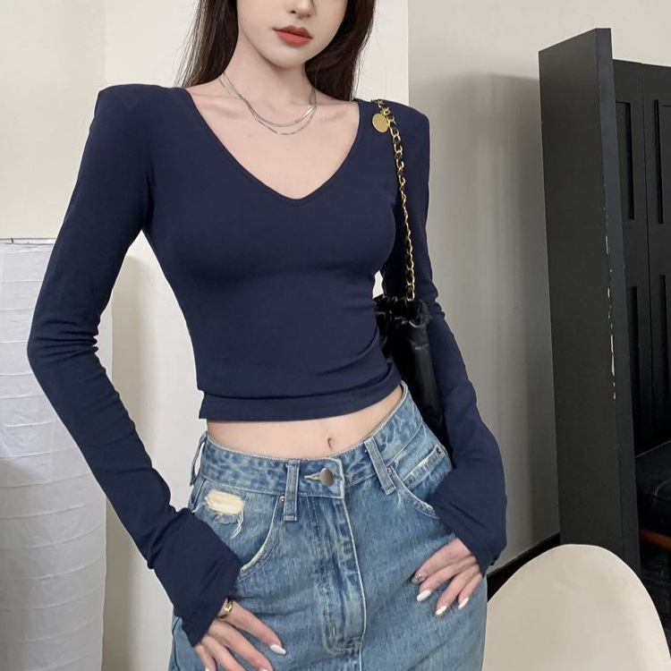 Early Autumn Spicy Girl Style Slim Versatile Slimming V-Neck Solid Color Padded Shoulder Long Sleeve T-Shirt Short Cropped Niche Top for Women