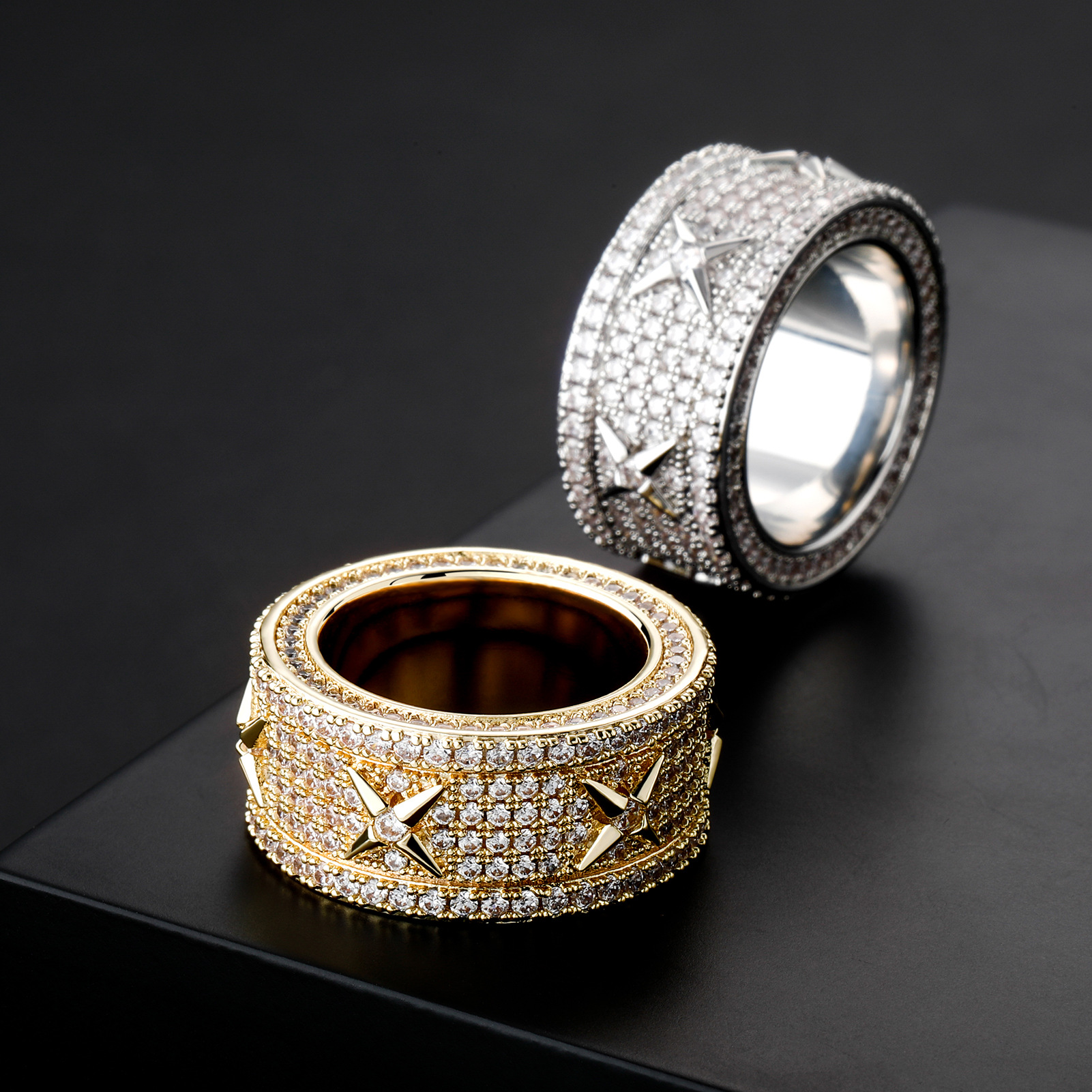 Cross-Border Aliexpress European and American Retro Personalized Full Zircon Ring Copper Plated with Real Gold Unisex Stylish Accessory Hip-Hop Ring