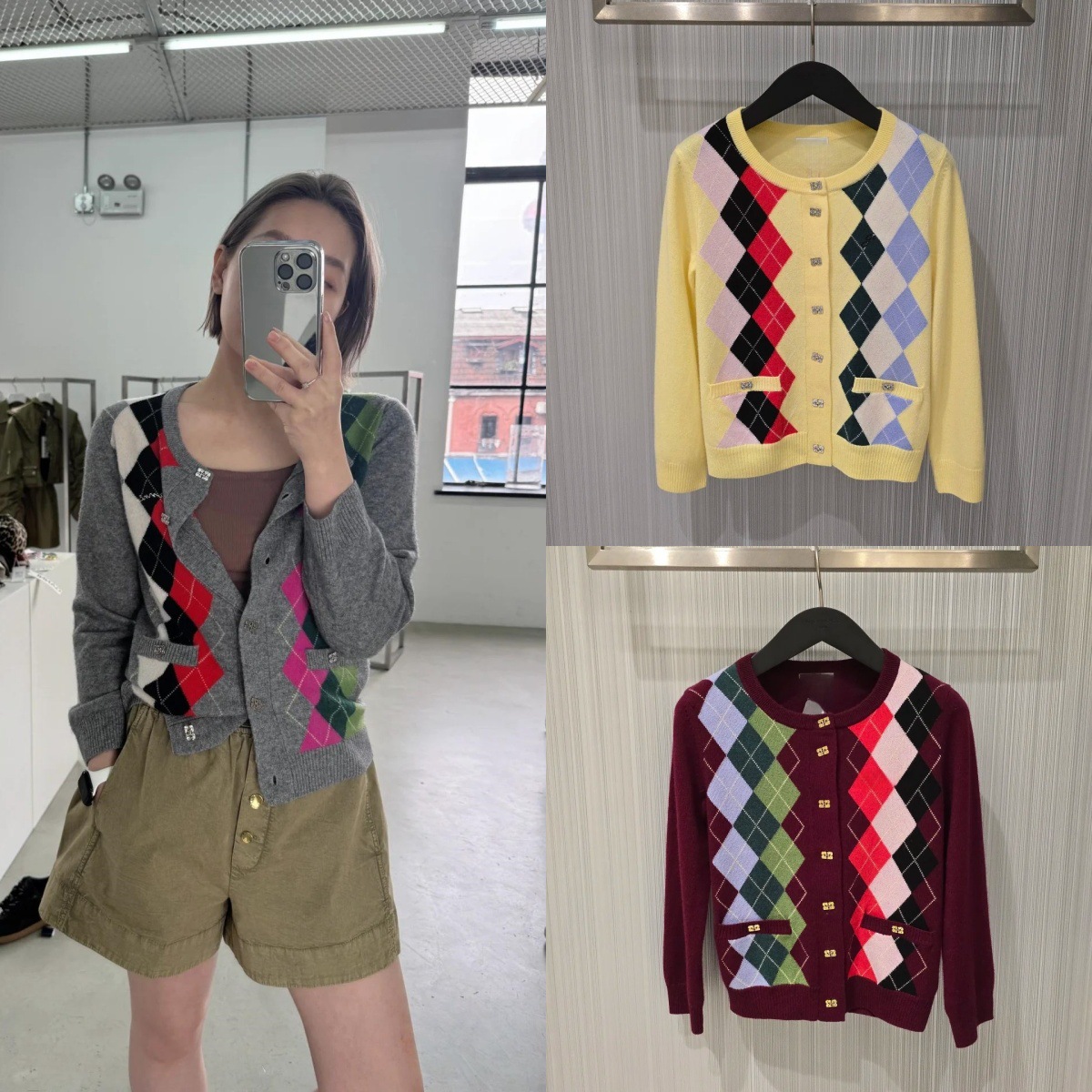 Real Wool~ Blogger's Same Style Letter-Embroidered Round-Neck Knitted Stretchy Argyle Pattern Thin Sweater Cardigan Jacket