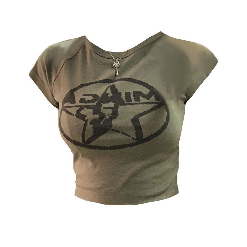 American Style Vintage Printed Army Green Short-sleeved T-shirt Women's Summer Spice Girl Ram Shoulder Short All-match Slim-fit High Street Top