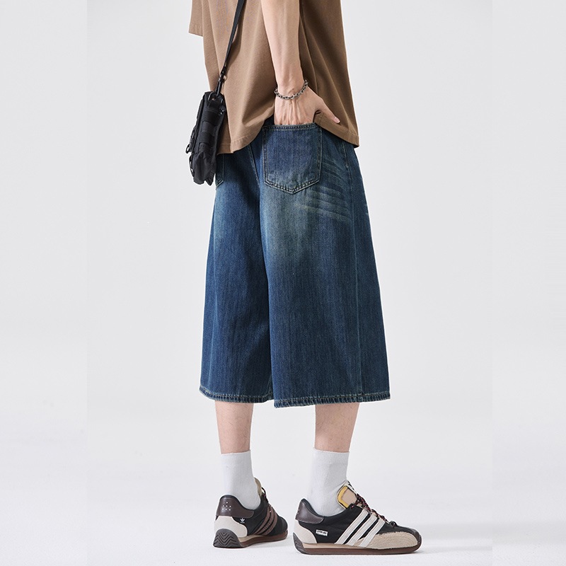 American Retro Denim Cropped Pants for Men and Women, Trendy Brand, Washed Look, Loose Fit, Versatile Casual Wide-Leg Denim Shorts