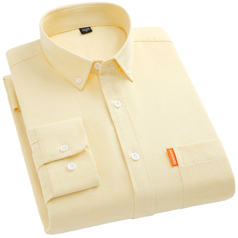 Solid Color Oxford Cotton Long-Sleeved Shirt Men's Spring & Fall Outwear Yellow Button Collar Shirt Layered Inside