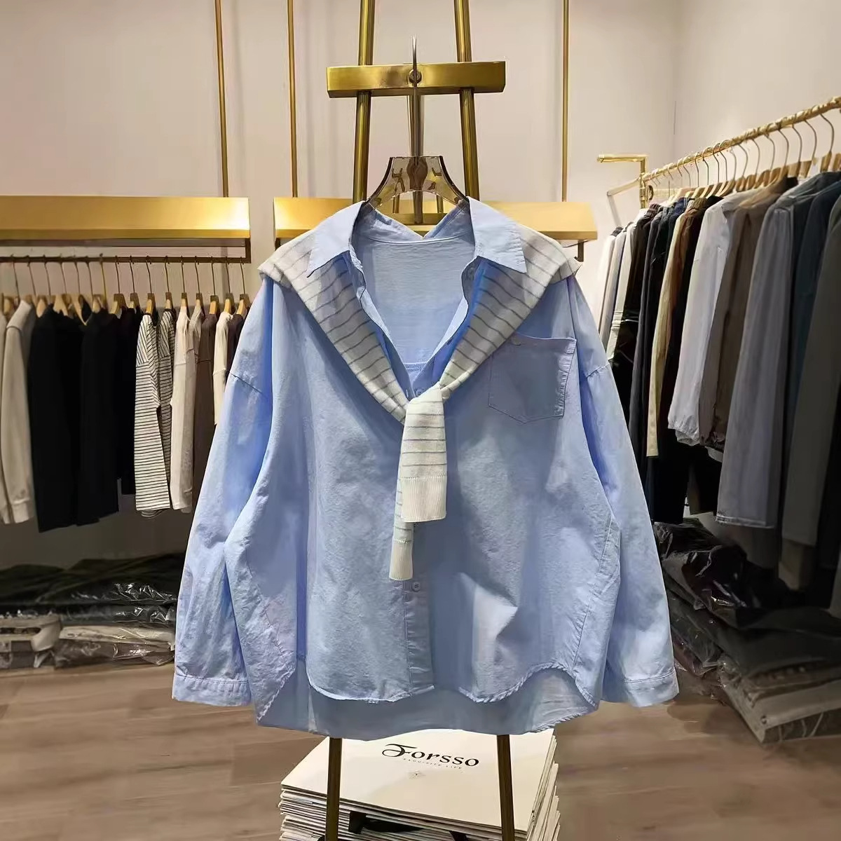 2026 Spring New Korean Style Fashion Versatile Loose Slimming Design Striped Shawl Long Sleeve Shirt for Women Trendy