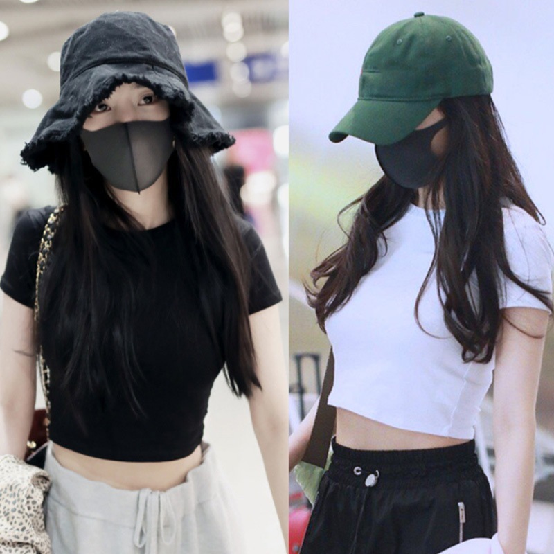 [9.9] Stars with black short T-shirt women's short sleeve South Korea slim belly button sexy basic top