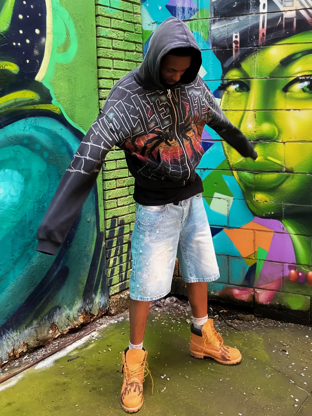 High-End Valley Letter Spider Web All-Over Print American Hip-Hop Zip-Up Sweatshirt West Coast Hoodie Trendy