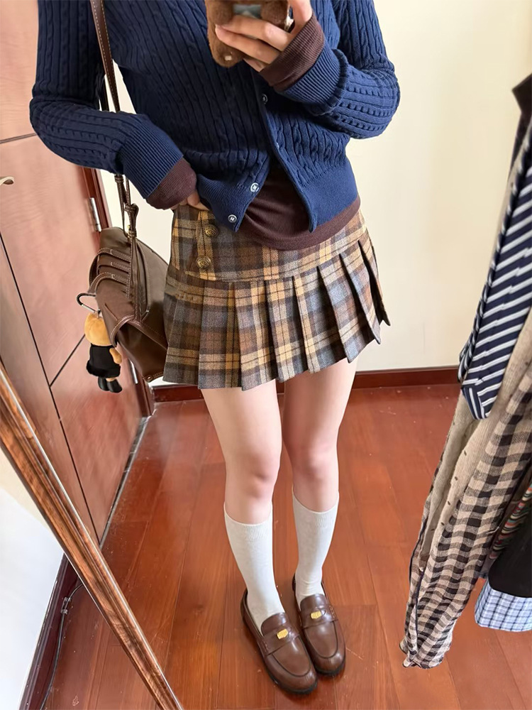 Retro Contrasting Color Plaid Woolen Skirt for Women, Autumn and Winter Preppy Style Pleated Skirt, Slimming Look High-Waisted Skirt, A-Line Short Skirt