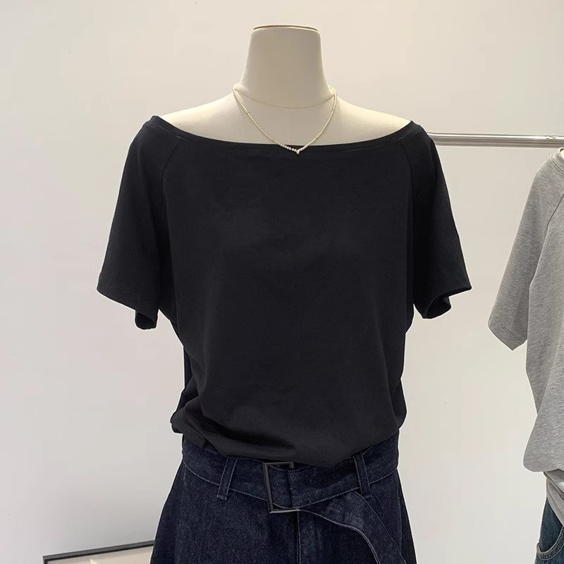 Hot Girl Pure Lust Style Slim Short-Sleeved Pure Color T-Shirt Women's Summer New Asymmetrical Bottoming Design Loose Top