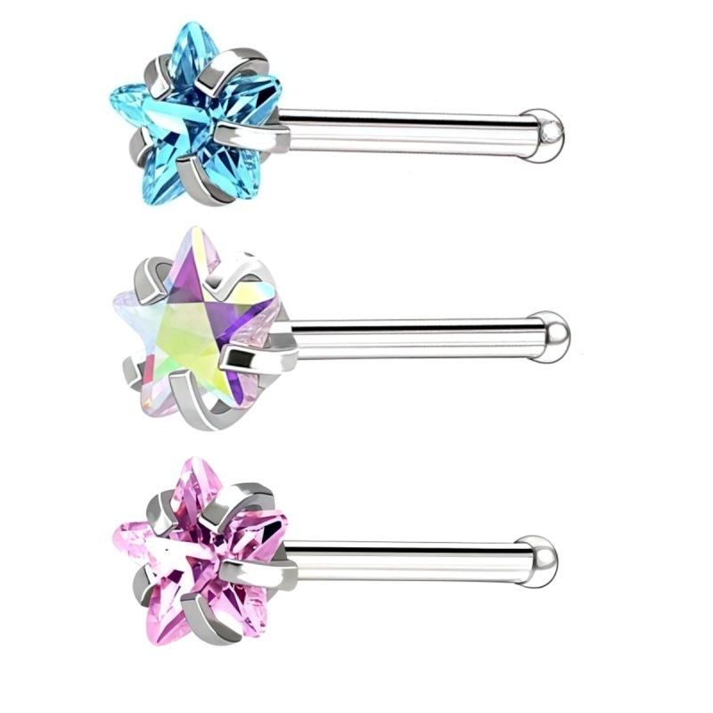 Cross-border Europe and the United States new stainless steel zircon straight rod 7 word 5 word nose nail nose decoration puncture jewelry foreign trade in stock wholesale