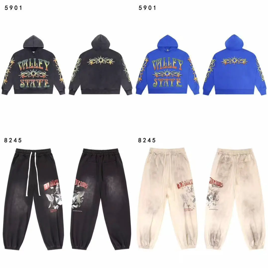 Cross-Border Export Trendy Brand Vale Retro Letter Cartoon Print Washed Old Retro Loose Hooded Sweatshirt for Men and Women