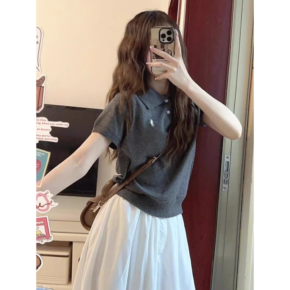 Korean Style Polo Collar Short-Sleeved Knitted Top for Women 2025 Summer New Casual Versatile Pony Embroidered Knitted Sweater for Women