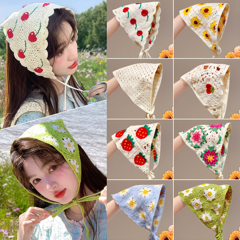 Pastoral Style Headscarf Dopamine Knitted Crochet Headband Hot Girl French Triangle Headwear Pastoral Style Headscarf Female