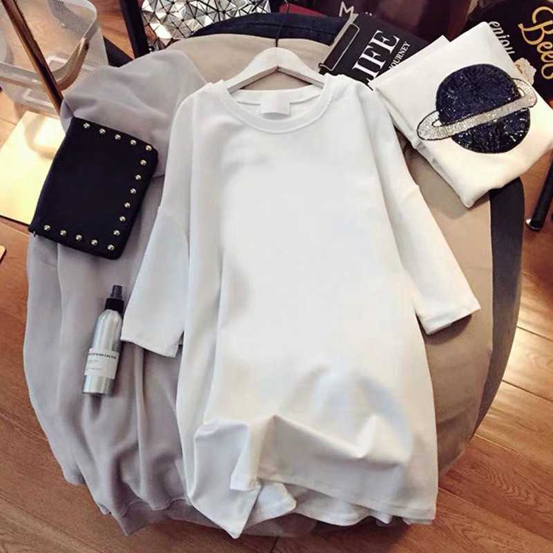 Round Neck Short-sleeved T-shirt Women's Mid-length Summer New Loose plus size Large Edition Solid Color Short-sleeved White Top Trendy