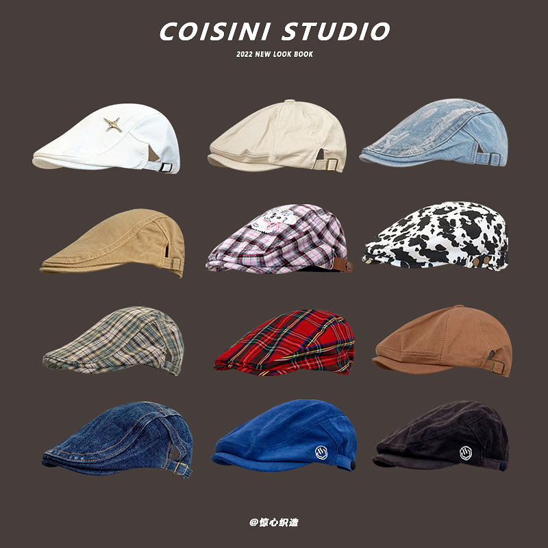 Japanese Style Retro Plaid Progressive Hat Women's Spring and Autumn Letter Embroidered Denim Beret Solid Color Cloth Label Paintsman Hat for Men