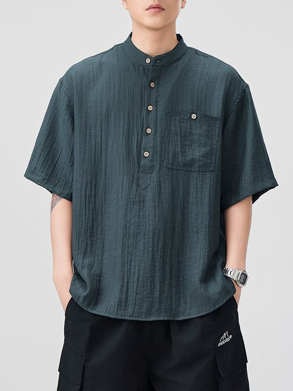 Mingge | Japanese Retro Stand Collar Cotton and Linen Short-Sleeved Shirt for Men Summer Solid Color Simple Loose Casual Shirt for Men
