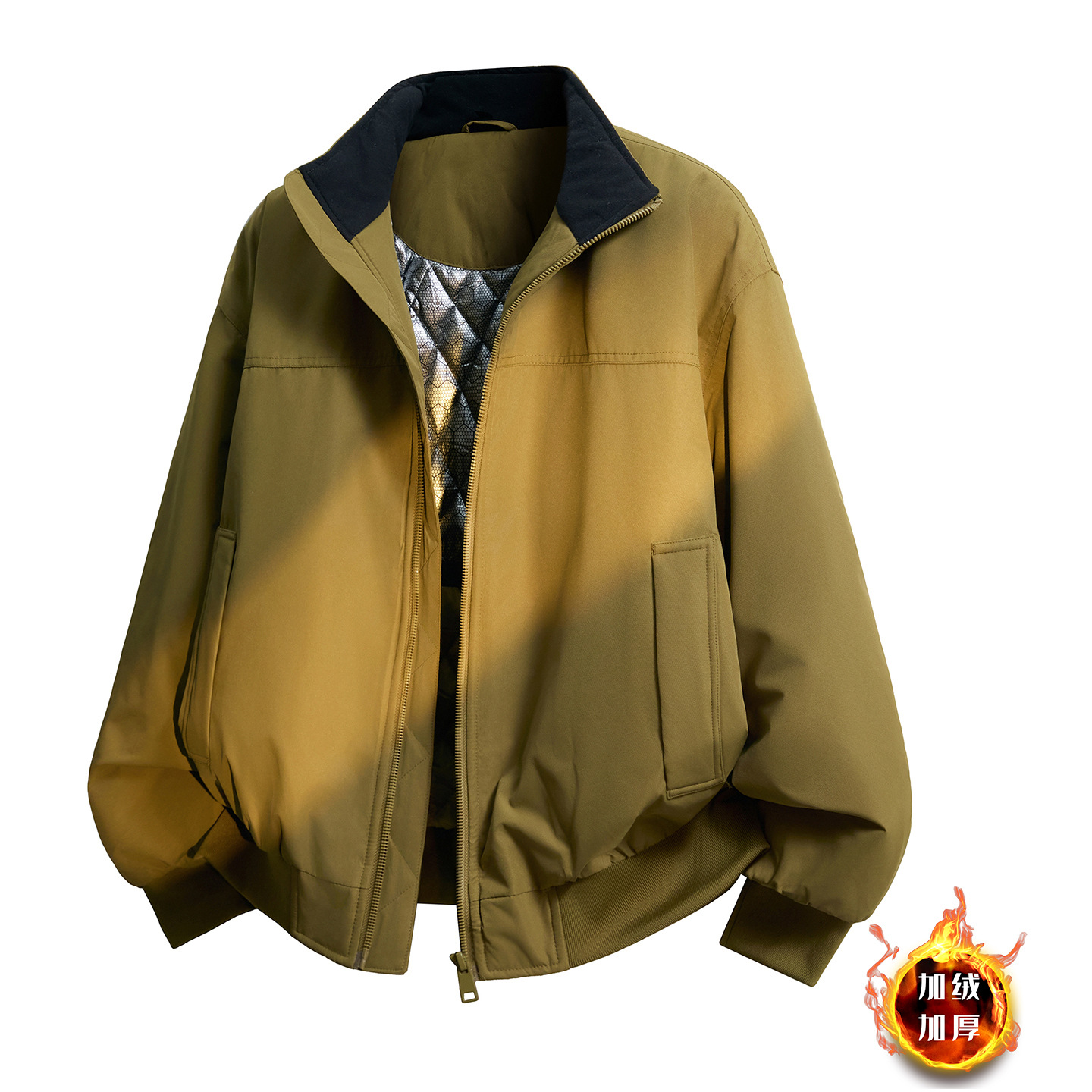 Autumn and Winter New American Retro Men's Jacket Loose Stand Collar Trendy Casual Versatile Fleece-Lined Pilot Jacket