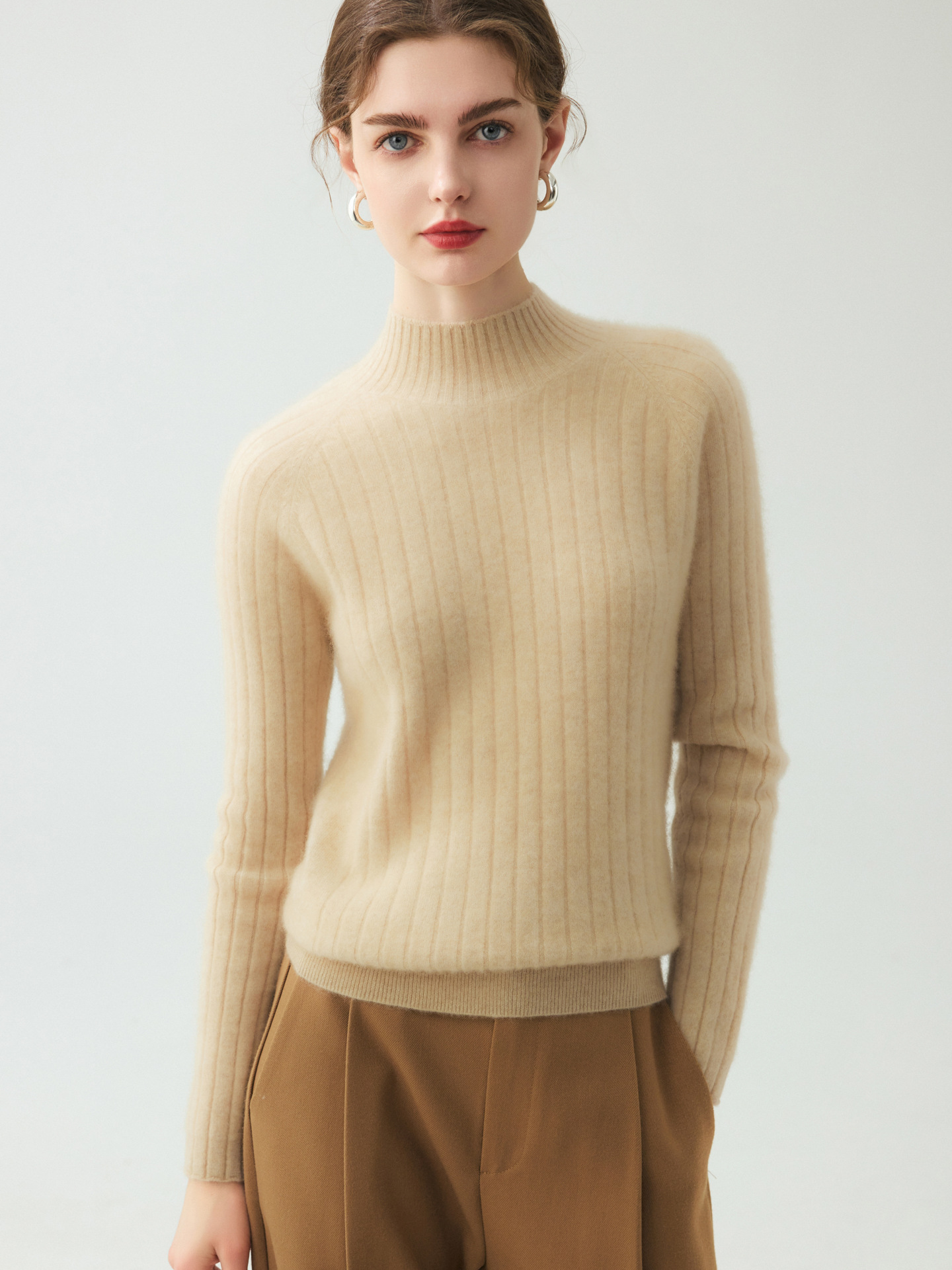 Soft and Cozy Baby Cashmere Sweater for Women, Half-Turtleneck Ribbed Knit Sweater, Slim Fit, Flattering, Loose Cashmere Sweater
