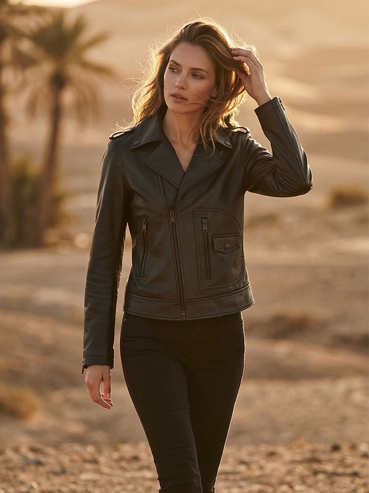 Black Genuine Leather Motorcycle Jacket for Women, Short Slim Fit, Vintage Style, Slimming Coat, Versatile Leather Jacket for Women's Commuting