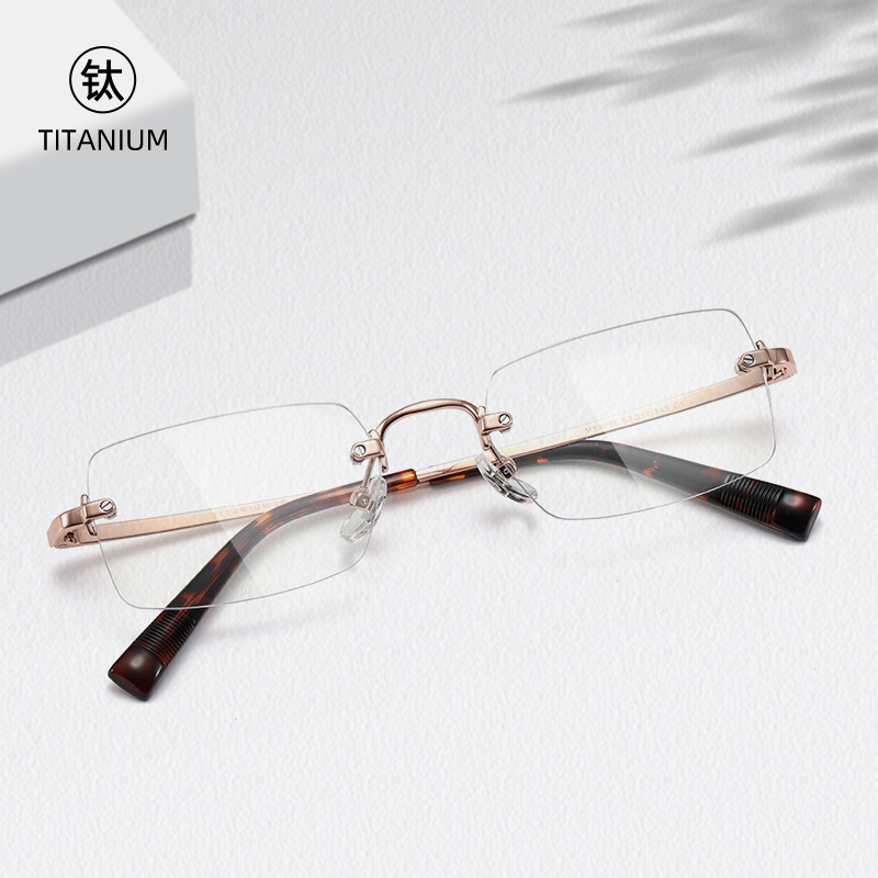 Miu Series Pure Titanium Rimless Glasses Omu50Yv Square Frame 52 Feminine Elegant High-End Leopard Print Glasses 9036 Trendy