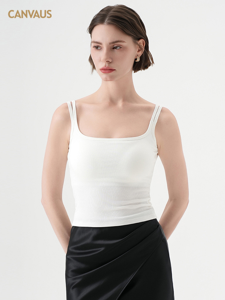 Canvaus One-Line Tie Chest Pad Camisole Women's New Ribbed Short Pure Color Navel-Baring Bottoming Top Summer