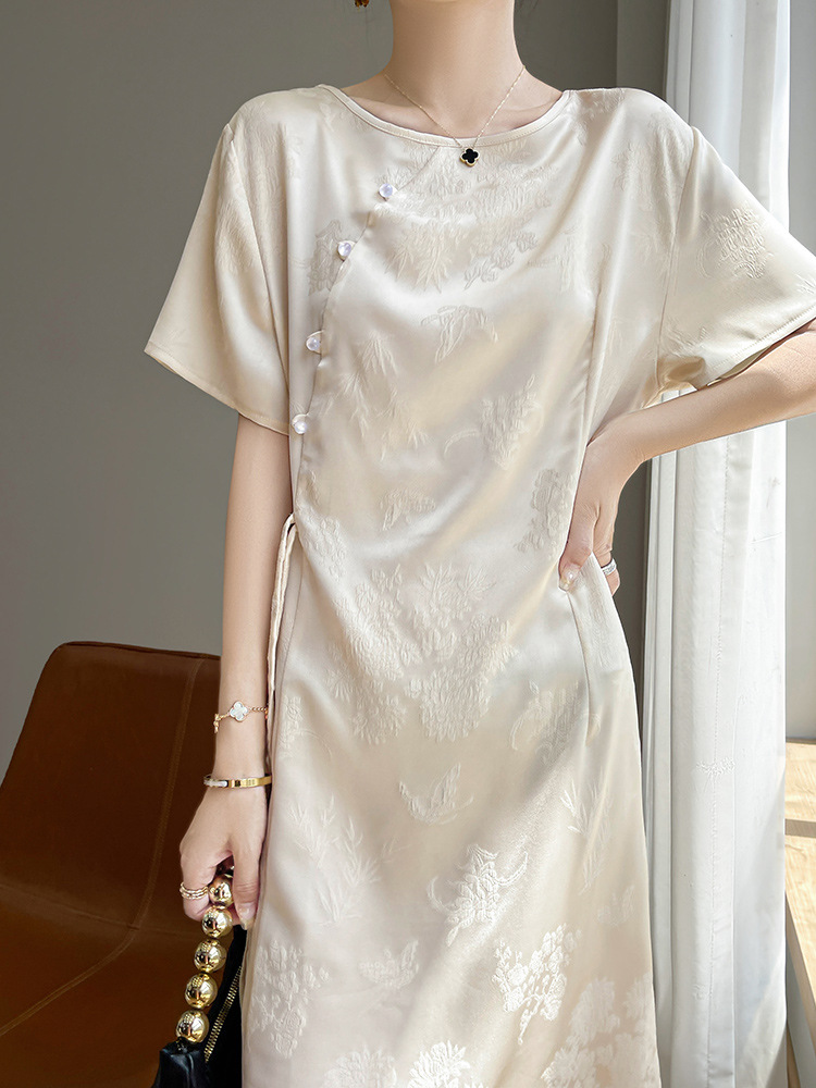Round Neck Skirt Cheongsam Zen Loose Tea Dress Long Dress Acetic Satin New Chinese Short Sleeve dress