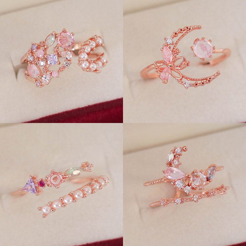 Fashion New Simple All-match Ring Ring Pearl Flower Zircon Irregular Opening Design Adjustable Ring