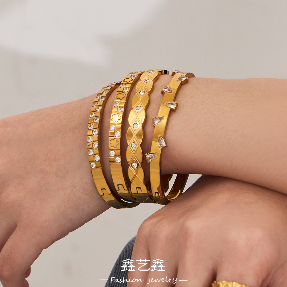 Light Luxury Fashion Design Geometric Water Drop Zircon Bracelet Stainless Steel 18K Gold Plated Bracelet Cross-Border Fashion Jewelry