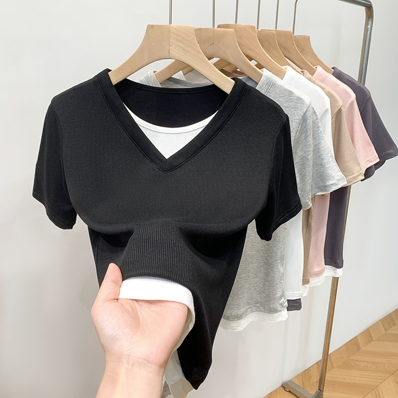 Summer New Style V-Neck Fake Two-Piece Ribbed Short-Sleeve T-Shirt for Women, Loose Casual Thin Top, Simple and Versatile