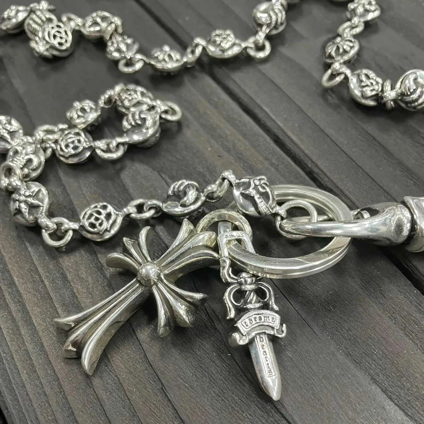 925 Silver Cross Flower Ball Multi-Element Pants Chain Lobster Clasp Cross Pendant Bag Hanging Chain hip hop Trendy Accessories