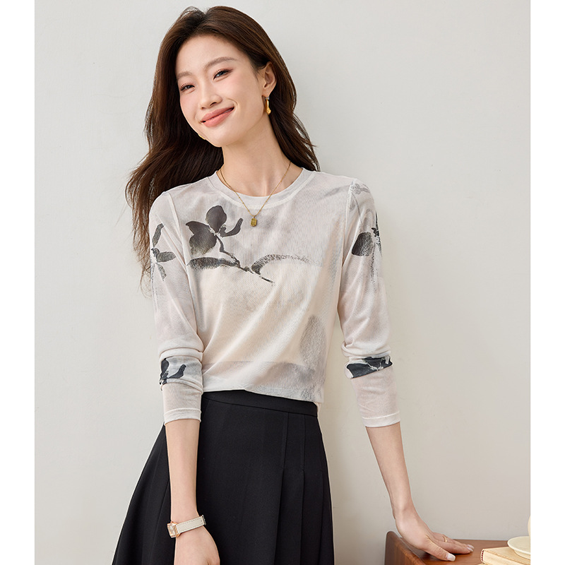 New Chinese-Style Round-Neck Long-Sleeve T-Shirt for Women, 2026 Spring New Design, Slim-Fit Base Layer Top for Outerwear