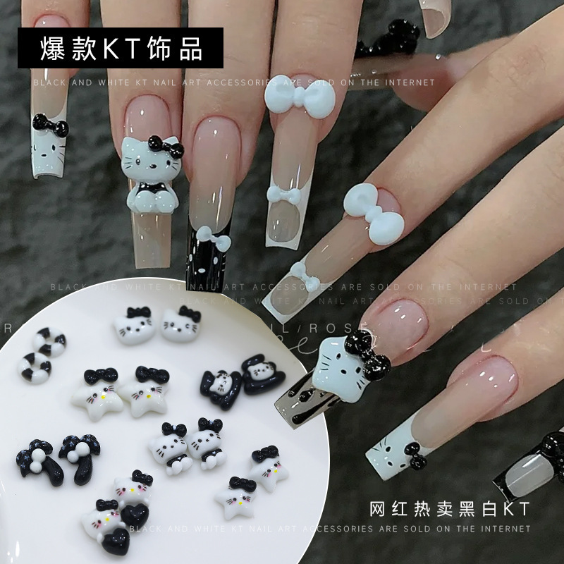 New Cartoon Nail Art Accessories Black and White KT Cat Cute Classic Three-dimensional Swimming Ring Sweet Cool Resin Nail Art Decoration