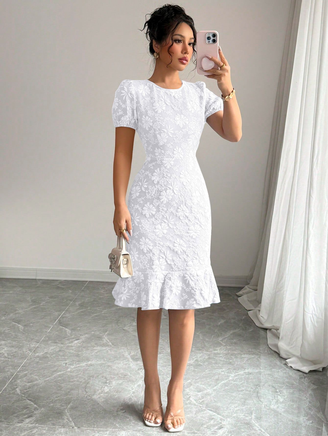 In-Stock European and American Cross-Border Summer New Women's Puff Sleeve Textured Jacquard Round Neck Vintage Style Dress